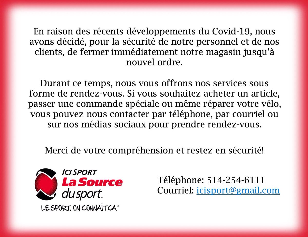 IciSport's tweet photo. With the safety of our customers, our staff and their families in mind, we have decided to close our storefront effective immediately due to the Covid-19 Pandemic. https://t.co/zCPHS1xJOd