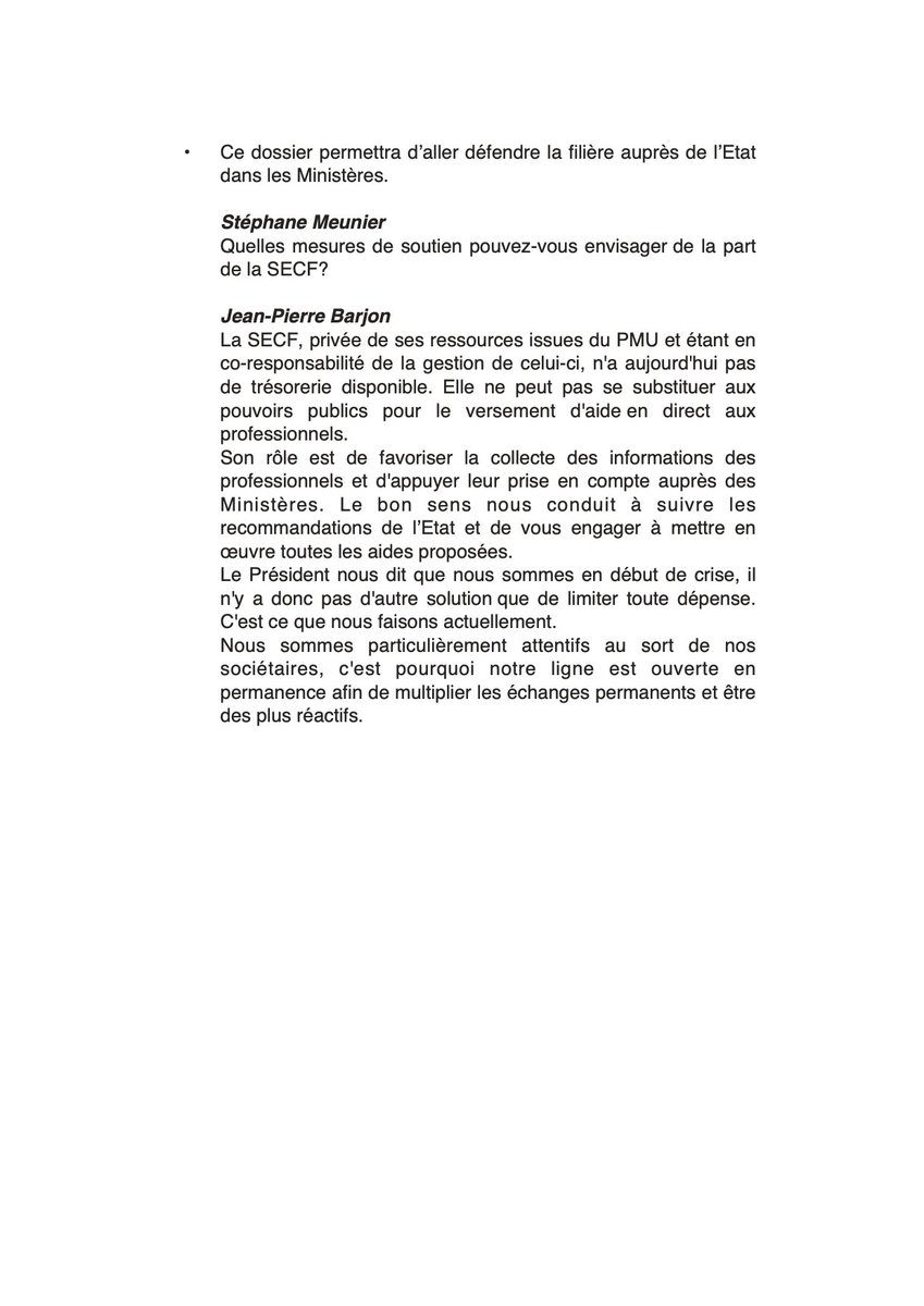 [#COVID19] Réponse de Jean-Pierre Barjon, Président 
<a href="/LeTrot/">Trotteur Français</a>, aux questions de Stéphane Meunier, Président du 
<a href="/ContactSedj/">SEDJ</a>⤵