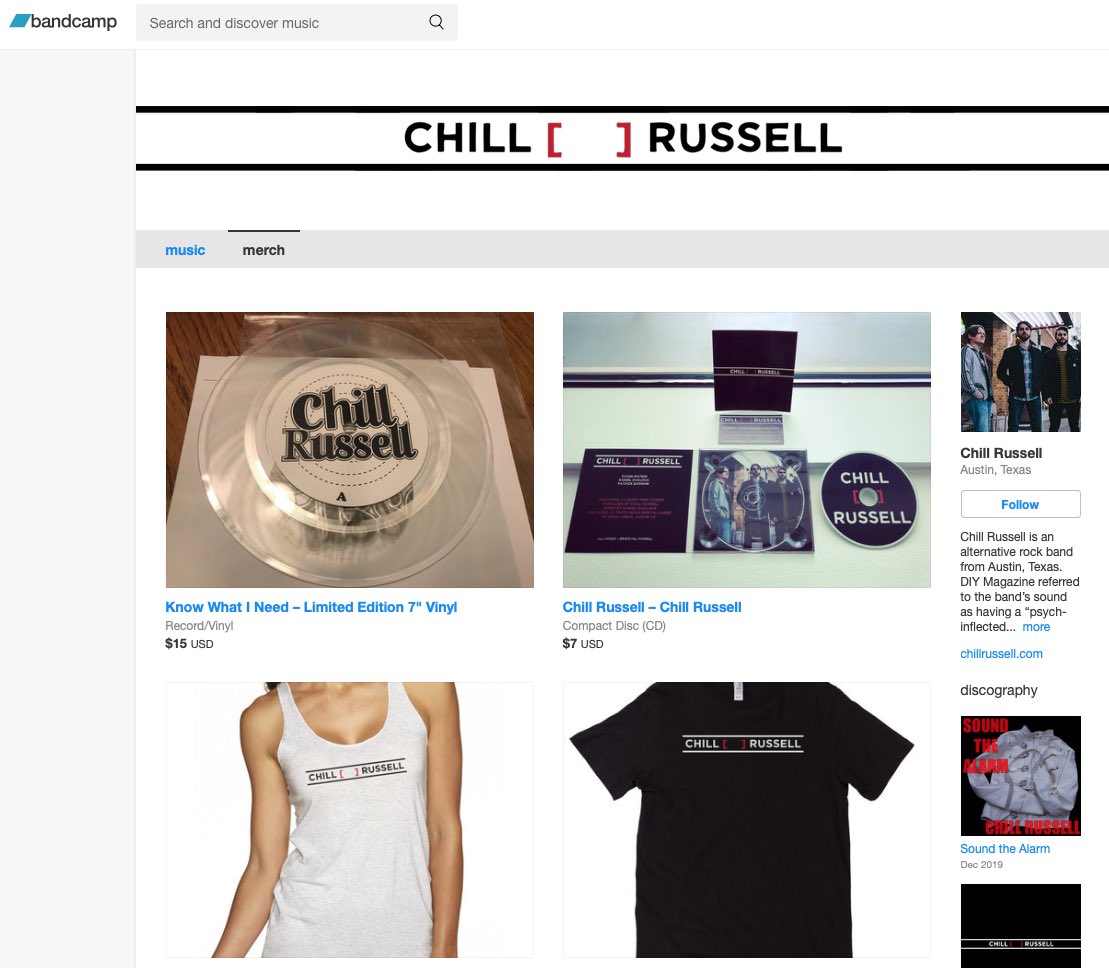 We've marked down our merch and music on <a href="/Bandcamp/">bandcamp</a>! 100% of sales on their site go straight to artists all day until midnight. Thanks for your support!
chillrussell.bandcamp.com/merch