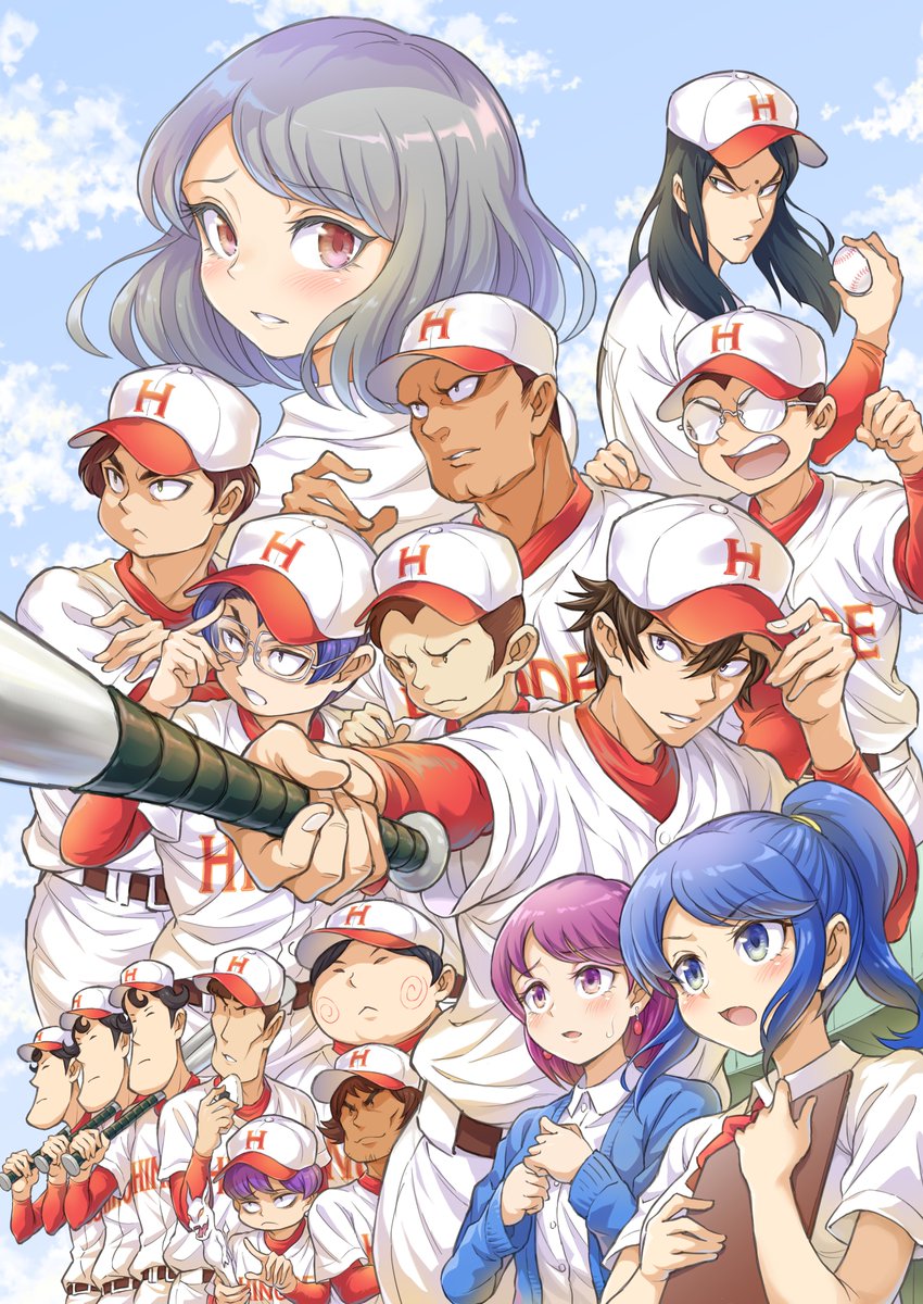 multiple girls multiple boys baseball uniform baseball cap 6+boys blue hair sportswear  illustration images