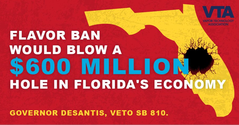 VaporTechAssoc's tweet photo. 🚨🚨🚨Florida #SB810 — a flavor ban on its way to Gov DeSantis’ desk — would blow a $605 MILLION hole in the Florida economy. To learn about the devastating consequences this would have on Floridians, check out the just-released economic impact report: https://t.co/qLnwyjf57f https://t.co/1cVqHp3HQI