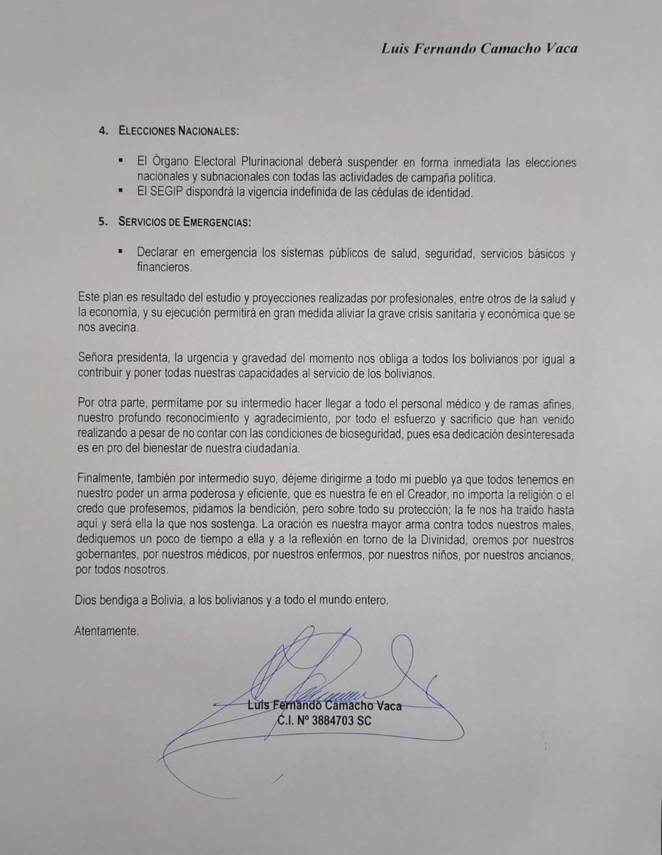 LuisFerCamachoV's tweet photo. Presentamos nuestra Propuesta de Plan de Emergencia por la Salud y Vida, velando por el bienestar de todos los bolivianos. Apoyamos y pedimos #CuarentenaTotal, tomando en cuenta medidas de manejo de crisis y alivio económico. 
#QuédateEnCasa
#CuarentenaTotalYa https://t.co/bbhFlD2cxl
