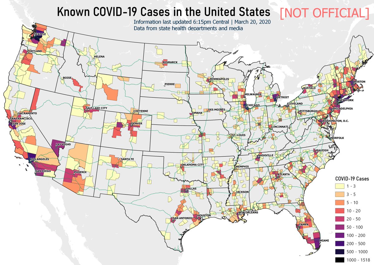 A look at #Covid_19 cases by county in the United States. Data collected from both state health departments and local news outlets. As always, keep tabs on local health information for the most relevant information for your situation.

#coronavirus #CoronaVirusUpdate #COVID19