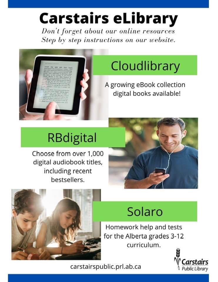 CarstairsL's tweet photo. Don't forget to check out all the amazing online resources the #Carstairs Public Library has to offer! You just need your library card and password to access them.

Don't have a library card? Fill out an online application: https://t.co/YuHeSEr8xc https://t.co/VzG7mmfQWy