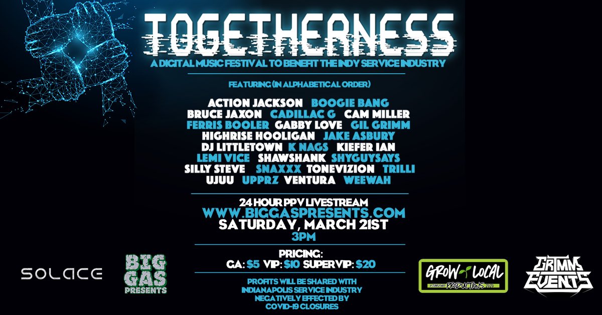 BIG_GAS_'s tweet photo. We’re super happy to team up with @solacepresents, Grimm Events &amp; Grow Local Productions to bring you guys

TOGETHERNESS:

A 24 Hour Live Stream to Raise Funds for our friends &amp; family negatively impacted by CoVid-19 Closures https://t.co/pz7TVi0kwK