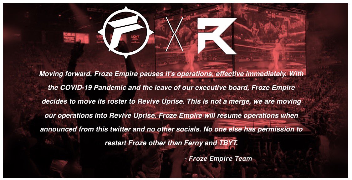 FrozeEmpire's tweet photo. Froze Empire ceases operations amid COVID-19, roster moves forward to @ReviveUprise. https://t.co/VhNa7wWQgx