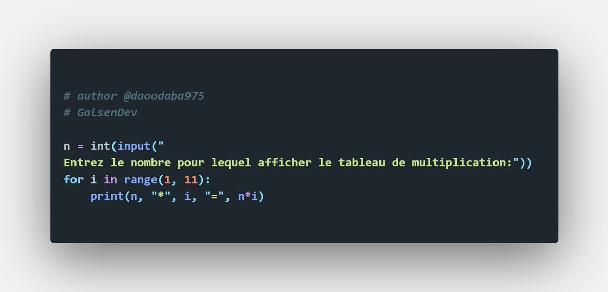 galsendev's tweet photo. #PythonWeekly #Python 

WEEK 1

Avec seulement 3 lignes de code, ce script Python permet d'afficher la table de multiplication d'un nombre après saisie. https://t.co/N4bTXFnSN4