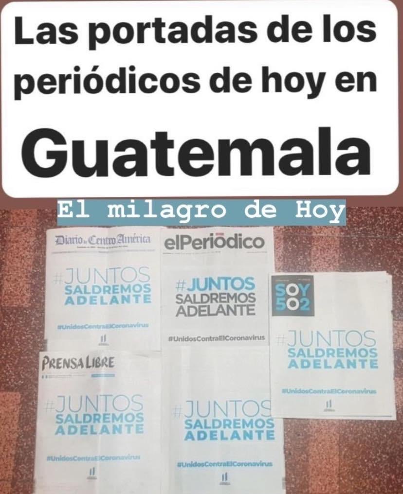 Desde Guatemala me hacen notar que allí  iniciaron el lunes con la genialidad de poner en todas las portadas de diarios el mensaje de unidad. Bien por los queridos chapines ❤️. Alguien ya dijo que la copia es el mejor elogio