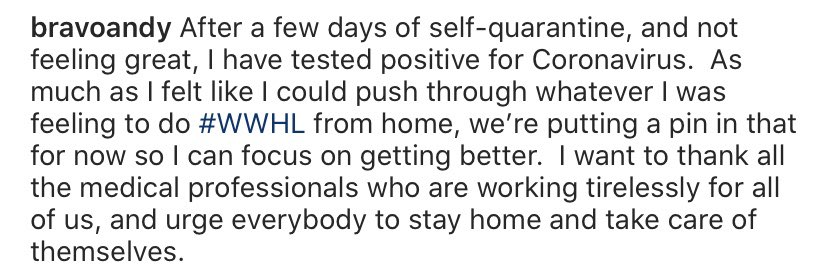 DrOz's tweet photo. Sending love and strength to @Andy, who just announced on Instagram that he tested positive for #covid19. Ever the thoughtful one, Andy ended his post with a reminder for all of us — “stay home and take care.” https://t.co/Omqx79uGsp