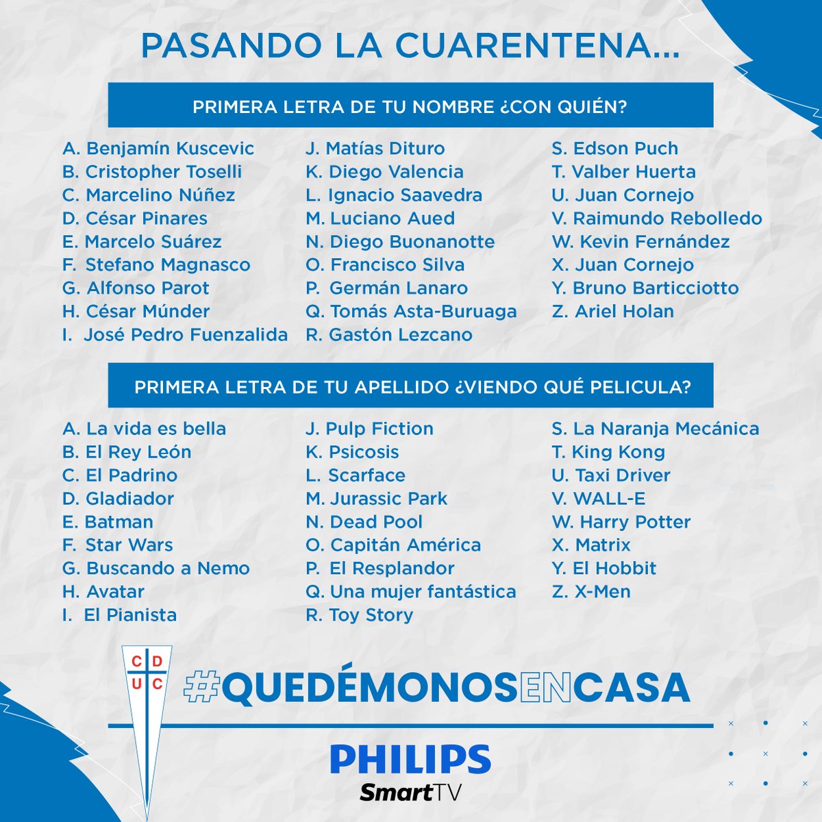 تويتر Universidad Catolica على تويتر Les Dejamos Este Juego Para Que Nos Cuenten Con Que Jugador De Loscruzados Van A Pasar Esta Cuarentena Y Que Pelicula Veran Cuentanos Que Te Salio Philips