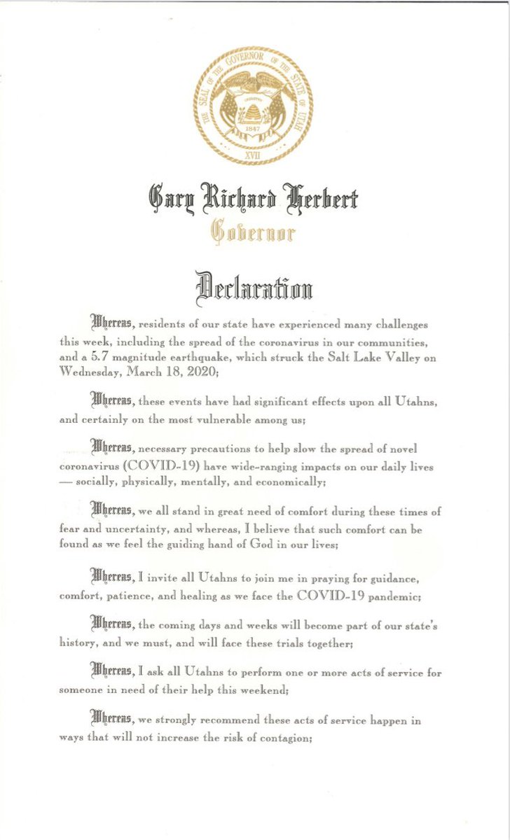GovHerbert's tweet photo. I invite all to participate in a Weekend of Prayer and Service in Utah, March 20-22. We also encourage acts of service to happen in ways that will decrease risk of contagion. Whether or not you are religious, I hope you find peace or guidance this weekend. https://t.co/VebmWS9SoE