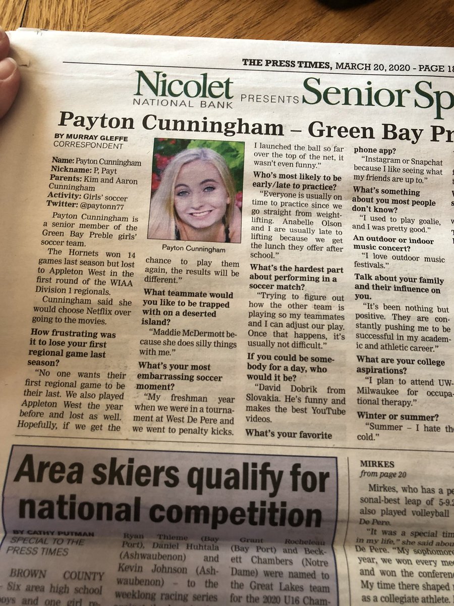 KuehnScience's tweet photo. Opened up the Green Bay Press Times (@richpalzewic) to see a familiar face! @GBPreble @GBPGirlsSoccer #hornets https://t.co/o5upBCgeig
