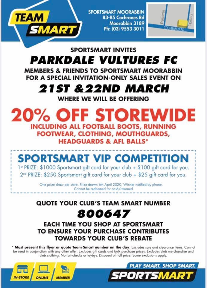 Members and friends are invited to Sportsmart Moorabbin for a special invitation only 
20% discount storewide
(Excludes clearance)
If you need gym equipment for the home to keep active or desperate for runners, pop in this weekend.  
Support a football club and a business in need