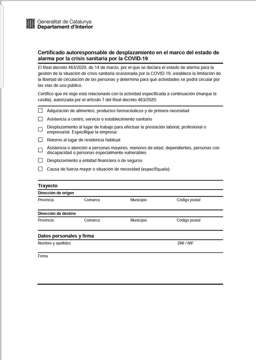 emergenciescat's tweet photo. 🔴IMPORTANTE #ProteccióCivil edita 1 modelo de Certificado autorresponsable de desplazamiento en el marco de estado de alarma para facilitar q se pueda acreditar q la mobilidad se hace x 1 de las causas autorizadas. EN VIGOR A LAS 00.00 h DEL LUNES
Link https://t.co/h1MggIo6At https://t.co/Ik9a58DLO1