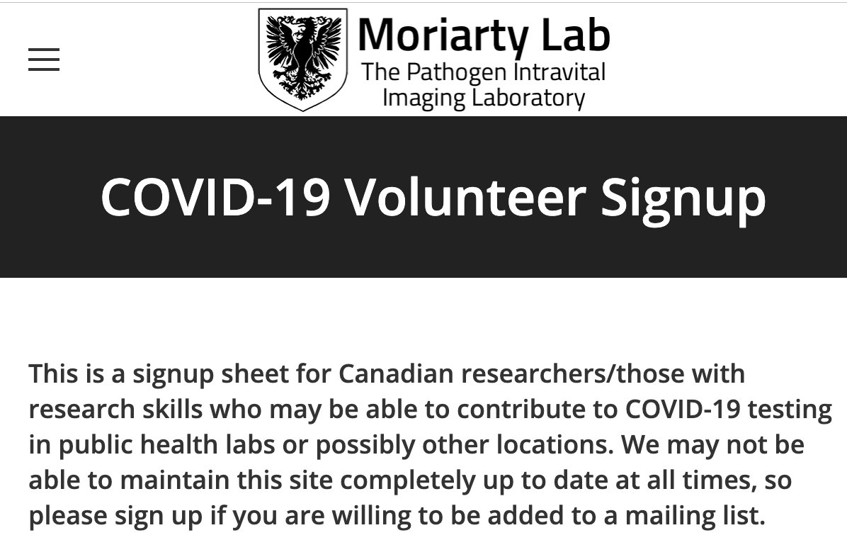 Researchers needed in Canada to help with #COVID19 testing. Signup here snip.ly/qhrtem <a href="/HHMTL/">Hacking Health Montreal</a> <a href="/HackingHealthTO/">Hacking Health Toronto</a> <a href="/HHQuebec/">Hacking Health Québec City</a> <a href="/HHOttawa/">Hacking Health Ottawa</a> <a href="/CIHR_IRSC/">CIHR</a>  <a href="/HHWaterloo/">HH Waterloo Region</a> @jwoodgett <a href="/SickKidsNews/">The Hospital for Sick Children (SickKids)</a> <a href="/lsirois007/">Luc Sirois</a> @DaninaKapetano1 @gregiej <a href="/MaRSDD/">MaRS</a> <a href="/MoriartyLab/">Tara Moriarty</a> #FlattenTheCurve #LabOfTheFuture