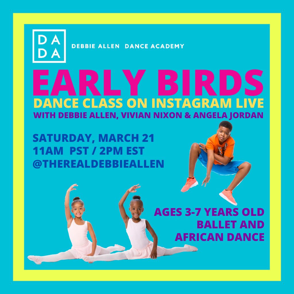 OfficialDADance's tweet photo. Join us tomorrow (Sat, 3/21) at 11am PST / 2pm EST on @msdebbieallen’s Instagram LIVE —>therealdebbieallen for a special :30 class designed especially for Early Birds ~ ages 3-7! All are welcome. See you in class!👍🏾👍🏽👍🏼#dancewithdebbieallen #dance #debbieallen https://t.co/bnvASYBpP1