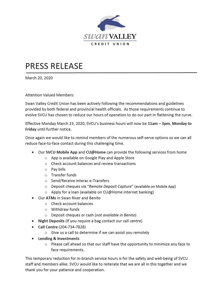 SwanValleyCU's tweet photo. Members SVCU is temporarily reducing our business hours, effective Monday March 23, 2020, in both Swan River &amp; Benito. Please take the time to review the press release provided for details. Thank you for your patience &amp; cooperation as we work through these challenging times. https://t.co/de8TIrVeAw