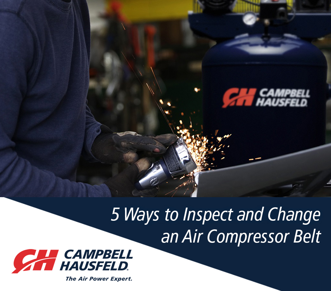 Learn 5 easy steps to inspect &amp; change your air compressor belt. With maintenance of your compressor belt you can improve the performance of your air compressor &amp; even extend the life of your air compressor. Read more at campbellhausfeld.com ! #TheAirPowerExpert.