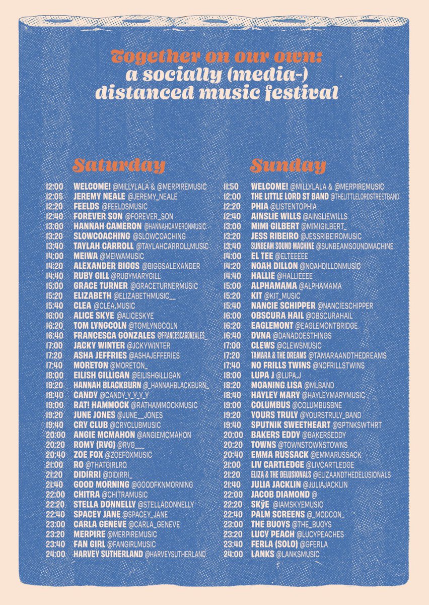 millylala's tweet photo. HAPPY #isolaidfestival DAY!! Make sure you tune in from 12 noon AEDT. Artist links are here for you https://t.co/WQHMYssJBj and schedule is below! Pls buy music, merch and donate to @SupportAct if you can! And get your snacks ready... let’s PARTY!!! 🥳🏄🏻‍♀️ https://t.co/Mhc2sPCWYY
