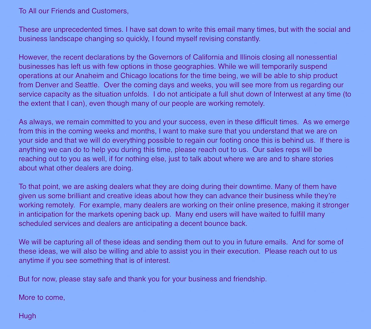 InterwestDC's tweet photo. A message from our CEO. If you have any questions, please call 1(800)232-8468, during business hours. Stay safe and healthy. https://t.co/cSPA1JS3oT