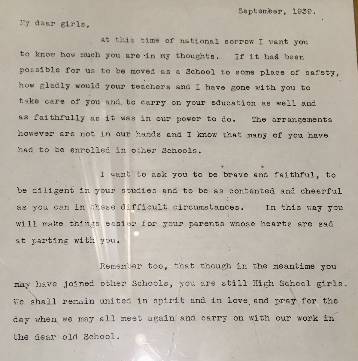 ewoksrock's tweet photo. Our school archivist unearthed this letter from the High School of Glasgow girls’ school at the outbreak of WWII. “Be brave and faithful, diligent in your studies and as contented and cheerful as you can be in these difficult circumstances.” https://t.co/5E5a9u6PSn