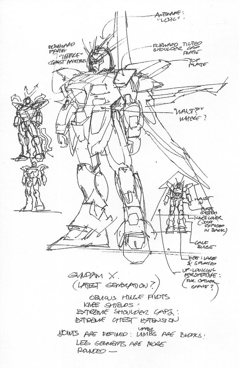 A quick sketch and analysis of the Gundam X by Syd Mead. After War Gundam X preceded Turn A Gundam, hence Mead categorizing it as the "latest generation".