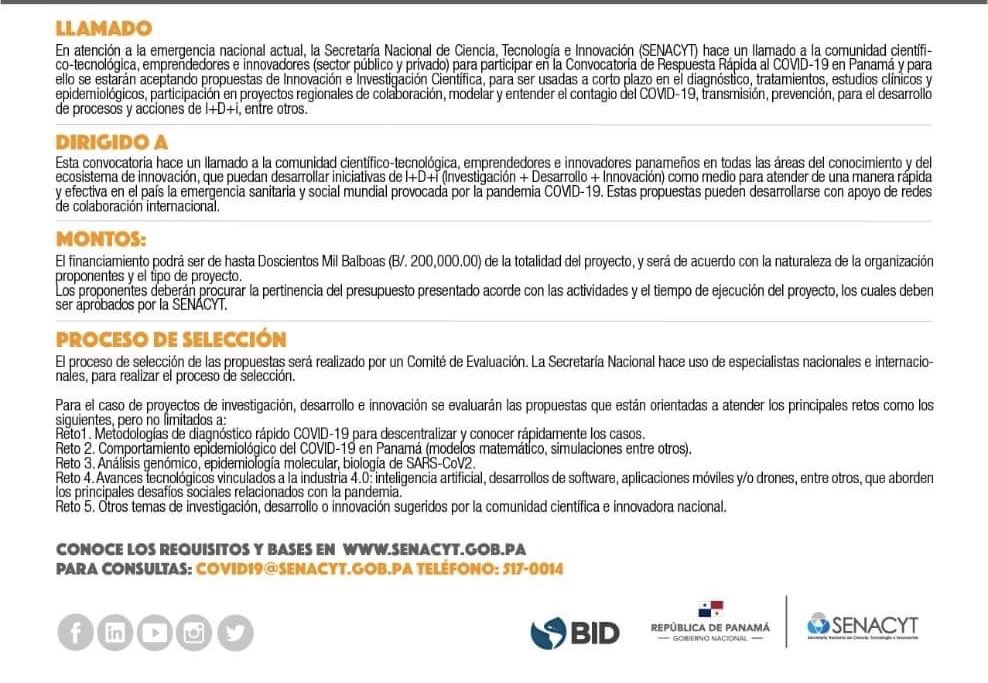 En atención a la emergencia nacional actual, la <a href="/senacyt/">Senacyt Panamá</a> hace un llamado a la comunidad científico-tecnológica, emprendedores e innovadores (sector público y privado) para participar en la Convocatoria de Respuesta Rápida al COVID-19 en Panamá.