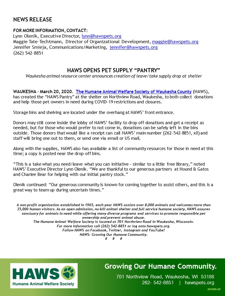 HAWS_Waukesha's tweet photo. MEDIA RELEASE: HAWS OPENS PET SUPPLY “PANTRY”
Please read our full release here:
#CaringCommunity #teamwork #SupporttheHAWScause #ItsAllAbouttheAnimals https://t.co/Ig5hFWeQHD