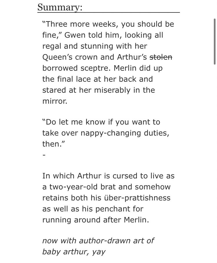 • Ravioli Fists by arthur_pendragon - merlin/arthur - Rated G - canon era, de-aged!Arthur, fluff - 8410 words  https://archiveofourown.org/works/14809835/chapters/34267046