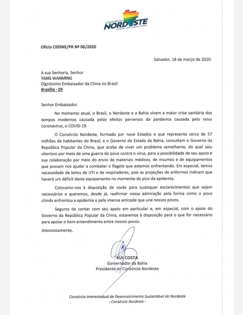 costa_rui's tweet photo. Nós, governadores do #ConsórcioNordeste, oficializamos ao Embaixador Chinês, @WanmingYang, um importante pedido de ajuda para o combate ao novo #coronavírus no #Nordeste. Eles passaram por um momento semelhante ao que estamos vivendo agora e enfrentaram com sucesso a #COVID19. https://t.co/wpWtrN8ILB