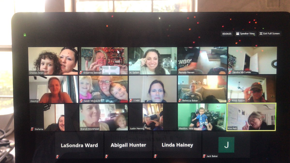 KrisanneStewart's tweet photo. I expected our ELA teachers, coaches, and admin to attend our 1st Zoom read aloud, but what brought me to tears is that they brought their children and pets. Our next one is next Friday at 2!  So very proud to be in this position during this time.#KISDconnects https://t.co/IKe5sGo70W
