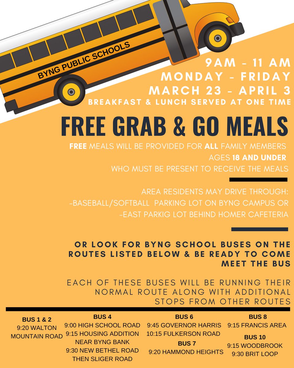 byngschools's tweet photo. Free grab &amp; go meals will be provided for all family members under the age of 18! For more information about when and where, please read below. #byngpride https://t.co/DfPjKuH6gB