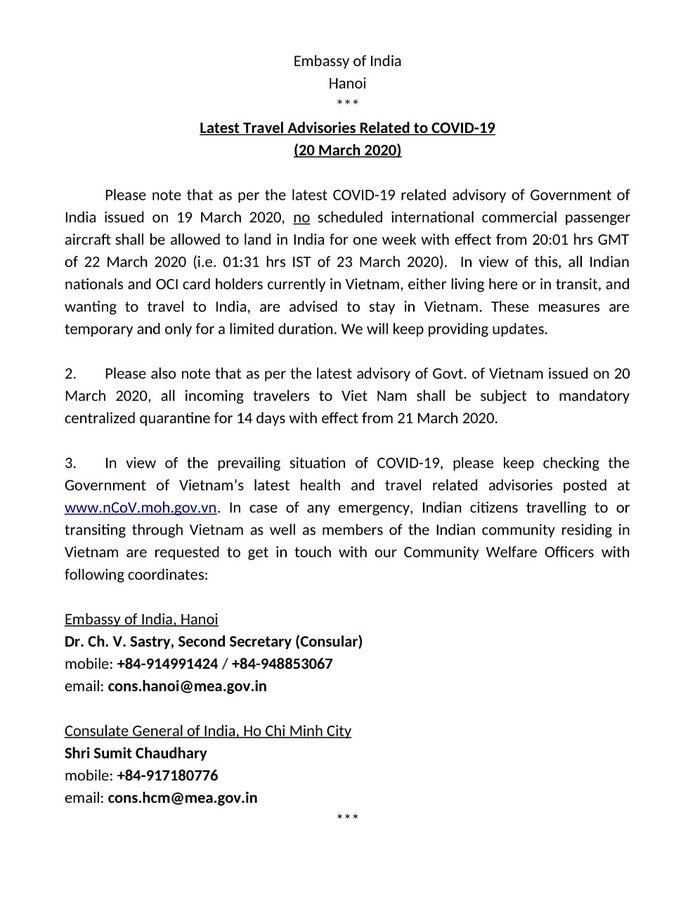 IndiaAheadNews's tweet image. #EmbassyofIndia in Vietnam issues travel advisory for #Indian nationals in #Vietnam on #COVID19