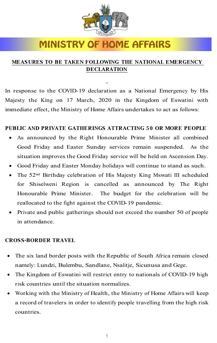 EswatiniGovern1's tweet photo. Ministerial statement: Ministry of Home Affairs provides guidance on cross-border travel, holidays &amp; other issues following the declaration of #COVID19 as a National Emergency. https://t.co/K9Pl91D0TX
