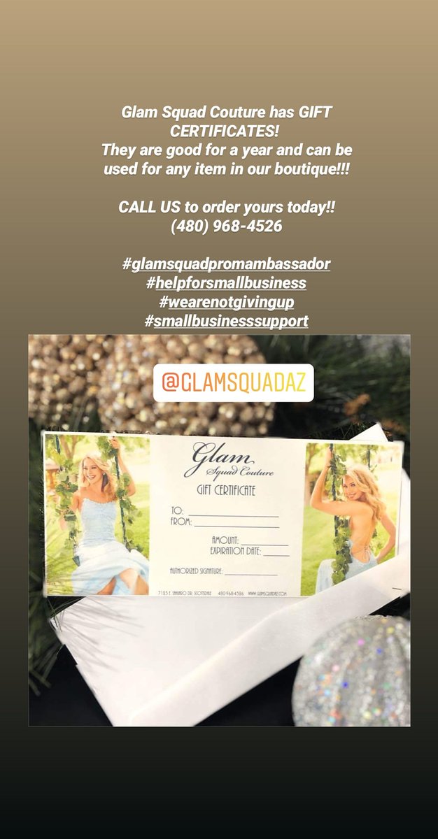 teamchloeinfo's tweet photo. Call @glamsquadaz to get your gift certificates!! They are good for a year for ANY item in the store!
(480) 968-4526 📞📱 tell them Chloe sent you! #glamsquadaz #glamsquadpromambassador #teamchloé https://t.co/54JfkPiUcI