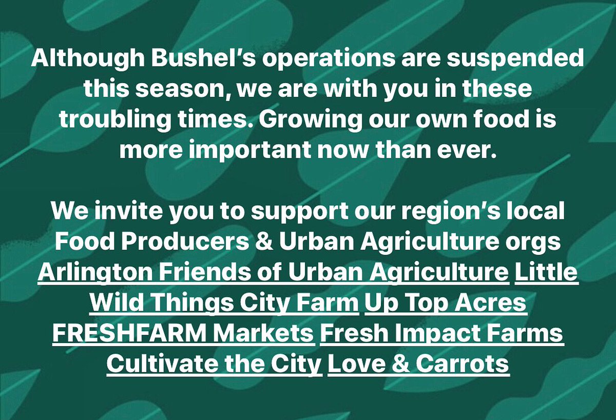 BushelGardens's tweet photo. Although Bushel’s operations are suspended this season, we are with you in these troubling times. Growing our own food is more important now than ever. 

We invite you to support our region’s local Food Producers &amp; Urban Agriculture orgs
#urbanagriculture #growlocal #supportlocal https://t.co/KcWPsy9VWW