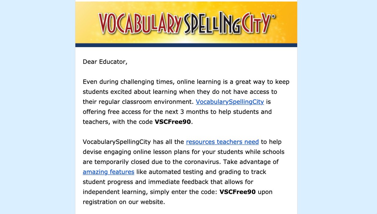 PaulSolarz's tweet photo. Vocabulary @SpellingCity is offering FREE access for the next 3 months with the code VSCFree90: https://t.co/YRqdInRhIo Upgrade to Pro & apply the code - it will be $0.
#LearnLAP #tlap #edchat #education #edtech #k12 #1stchat #2ndchat #3rdchat #4thchat #5thchat #remotelearning https://t.co/rimr92jioN