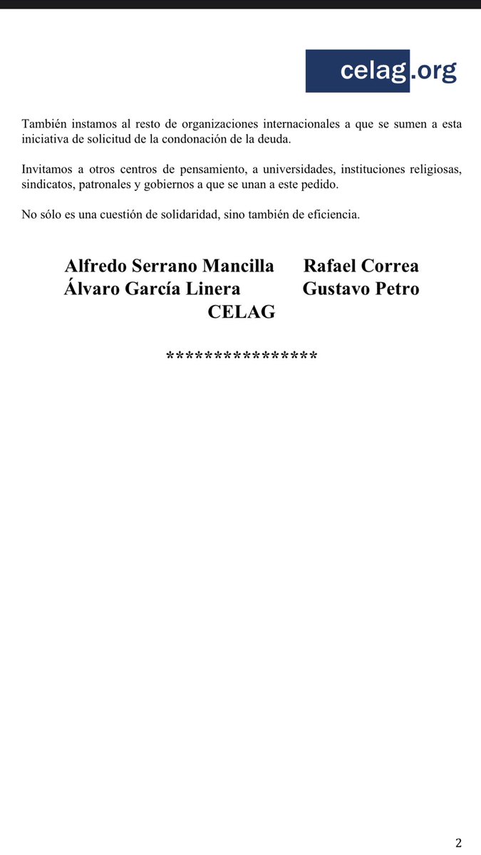 petrogustavo's tweet photo. He firmado con Rafael Correa , expresidente de Ecuador @MashiRafael, con Alvaro García Linera, ex vicepresidente de Bolivia  @GarciaLinera y con La CELAG @CELAGeopolitica propuesta para condonar la deuda externa y potenciar finanzas de  los países en la lucha contra la epidemia https://t.co/L9eID3AORV