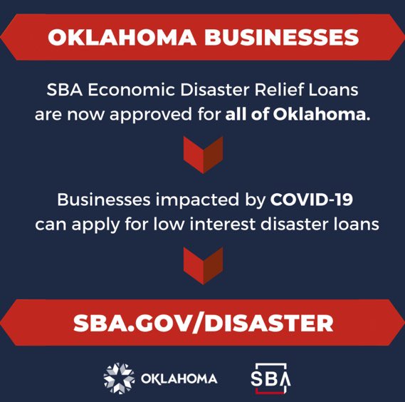 🚨🚨GOOD NEWS!🚨🚨🚨

We just got word that small businesses in all 77 Oklahoma counties are approved for low-interest disaster loans from <a href="/SBAgov/">SBA</a>!

If your business has been affected by #COVID19, you can apply at SBA.gov/disaster.