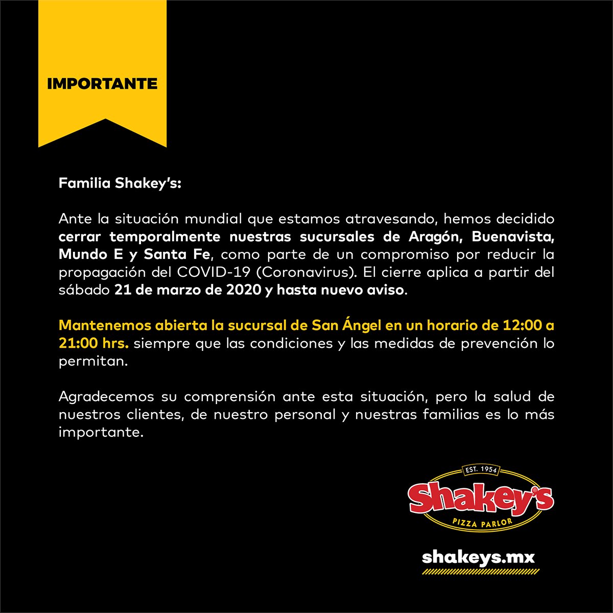Aviso importante para la familia Shakey's #México.