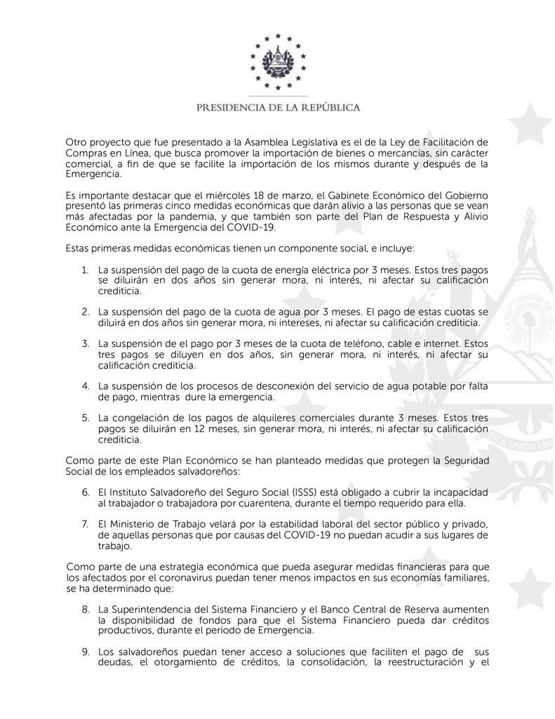 nayibbukele's tweet photo. Estas son las primeras medidas que el Gobierno impulsa para enfrentar la crisis generada por el #COVID19.

Mañana anunciaremos otras.

Hilo... https://t.co/HKeQsAtgb7