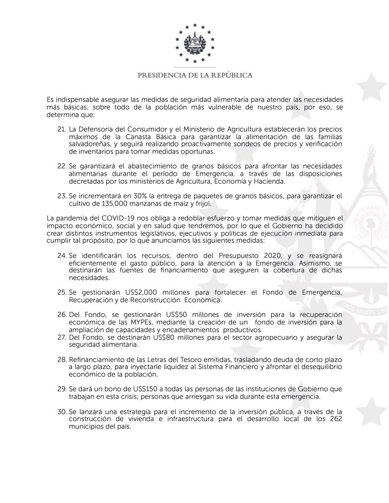 nayibbukele's tweet photo. Estas son las primeras medidas que el Gobierno impulsa para enfrentar la crisis generada por el #COVID19.

Mañana anunciaremos otras.

Hilo... https://t.co/HKeQsAtgb7