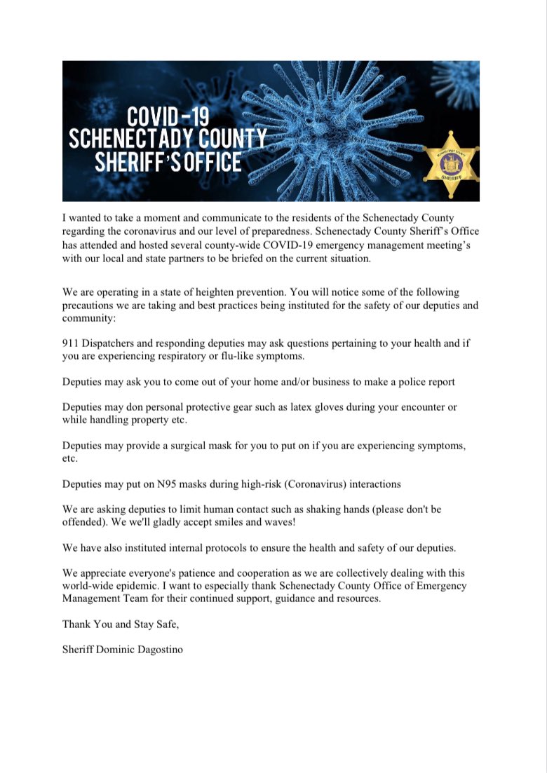 schenectady_s's tweet photo. Schenectady County Sheriff’s Office, would like to keep our community and Deputies as safe as possible at these trying times. We will do so by informing our community with updates as and when they happen. Stay safe and healthy guys #SCSO 
#schenectadycountysheriffsoffice #covid19 https://t.co/h5Jo5UZSqH