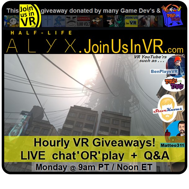 JoinUsInVR's tweet photo. Instant Win Giveaways + LIVE chat'OR'play #HalfLifeAlyx + Q&A w/ multiple streamers & VR YouTube'rs. Hope you can all #JoinUsInVR
✅ Like + Retweet
✅ Click ► https://t.co/GHu5pDROi7
#steamvr #giveaway #oculus #vr https://t.co/VM1hnwMAul