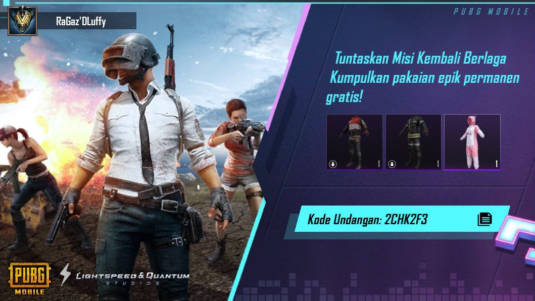 Tuntaskan Misi Kembali Berlaga PUBG MOBILE! Kumpulkan pakaian epik permanen gratis! Kode undangan saya: 2CHK2F3 ig-url.igamecj.com/D7g0shEOFksv