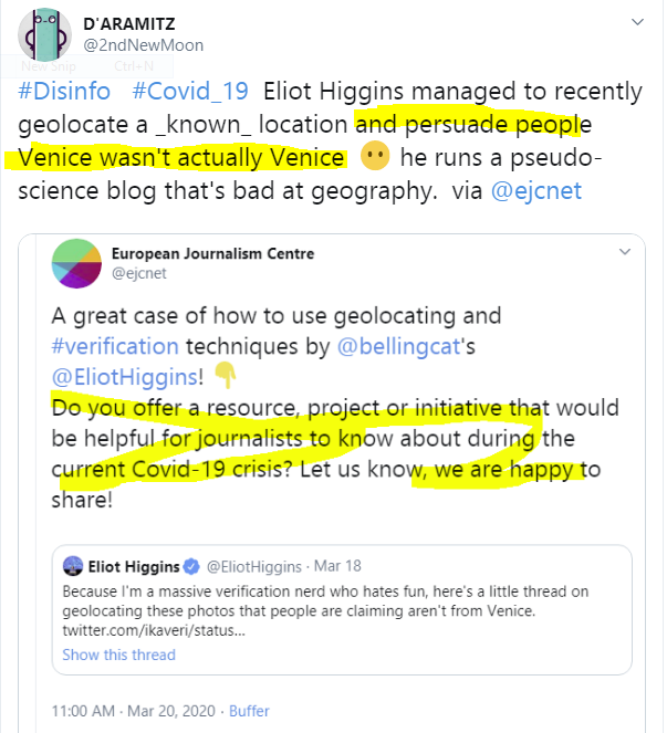Eliot Higgins convinced some people Douma was a legit CW attack _and_ Venice wasn't Venice  😶  he may be hopeless at chemistry & geography, but in his own way he's a genius.  @21WIRE @MichaelNo2War @HalaJaber  @beyondpartypolt