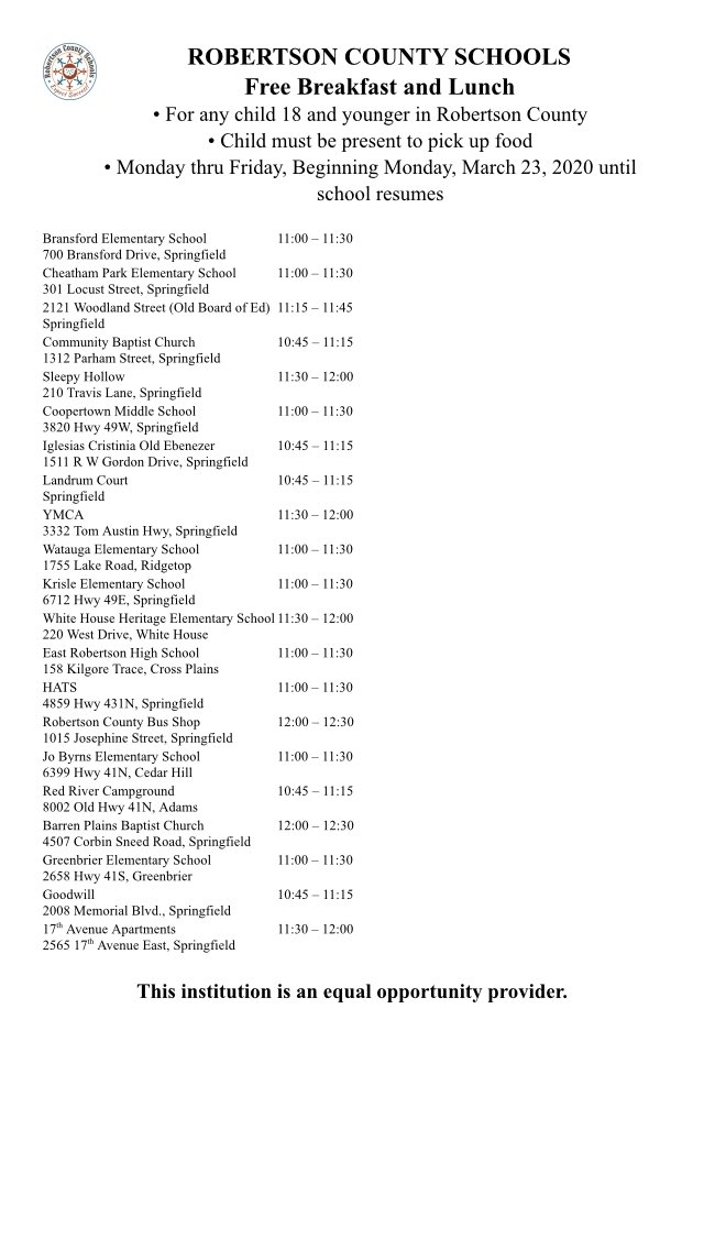 Our emergency feeding program begins on Monday, March 23. See locations for meal pickup below. Meals are free to all children 18 and under. The child must be present to pick up the meal. See you Monday!