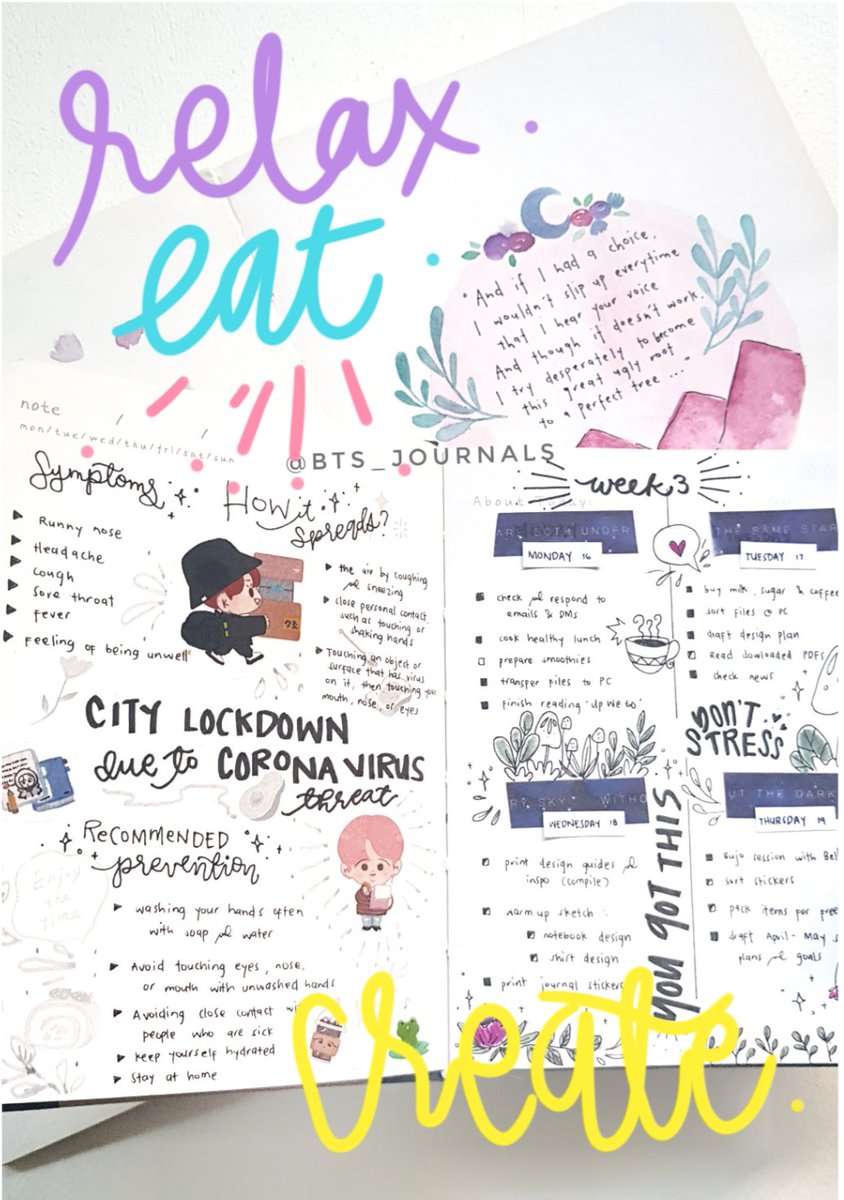 bts_journals's tweet photo. Journal spread while on community quarantine (i'm feeling productive today shskfjhhs) 🌨 stay safe ARMYs ❤︎

—˚✦. ❝ This too shall pass ❞ ˚✧·— https://t.co/nfGSUUA4pp