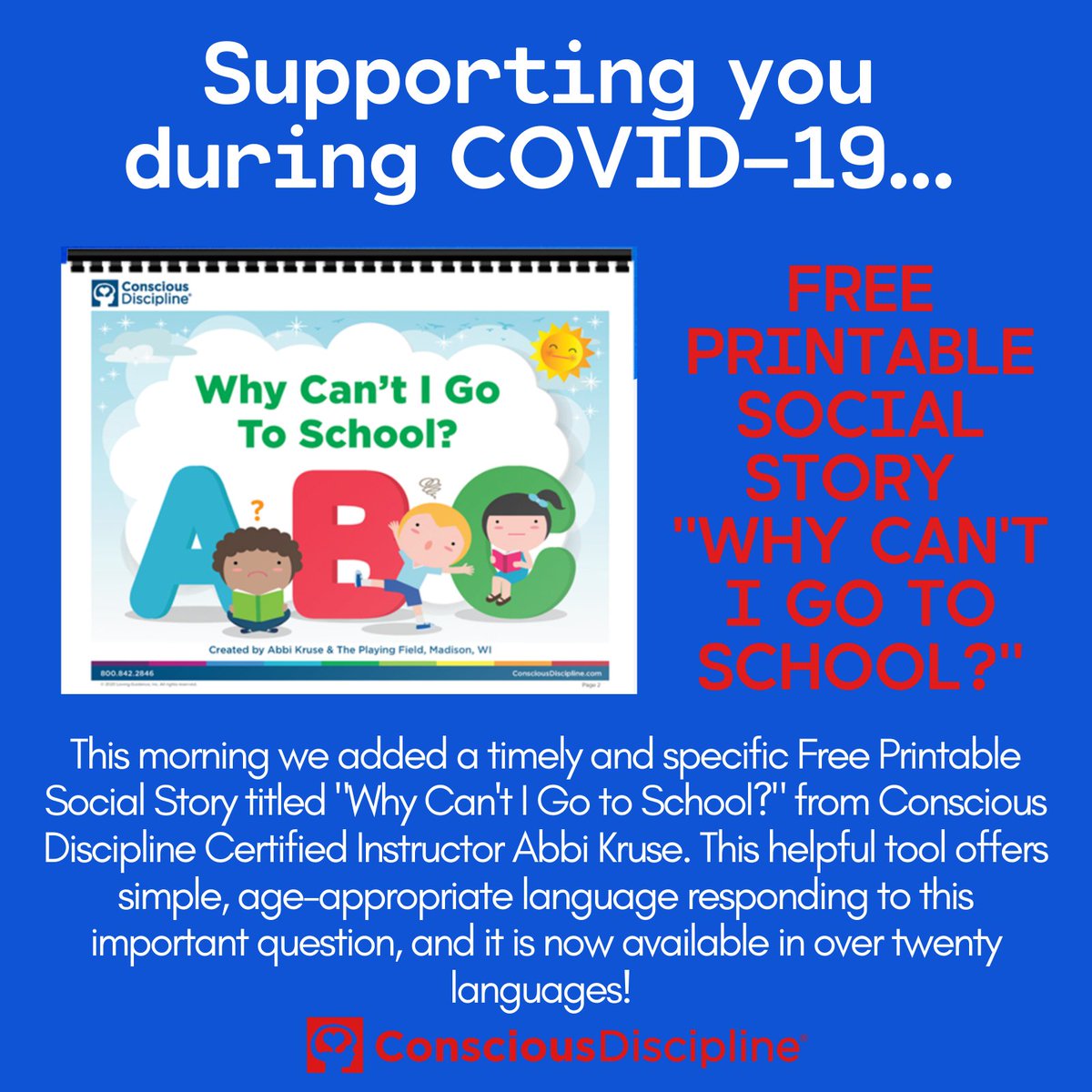 ConsciousD's tweet photo. An additional support we have for you during #COVID_19 is a Free Printable Social Story titled "Why Can't I Go to School?" from Certified Instructor Abbi Kruse. Download your copy here:  https://t.co/WekPIg2xDG Now in 20 languages! Tag us if you've made a video of it! #COVID_19 https://t.co/JQcSnNVb5q