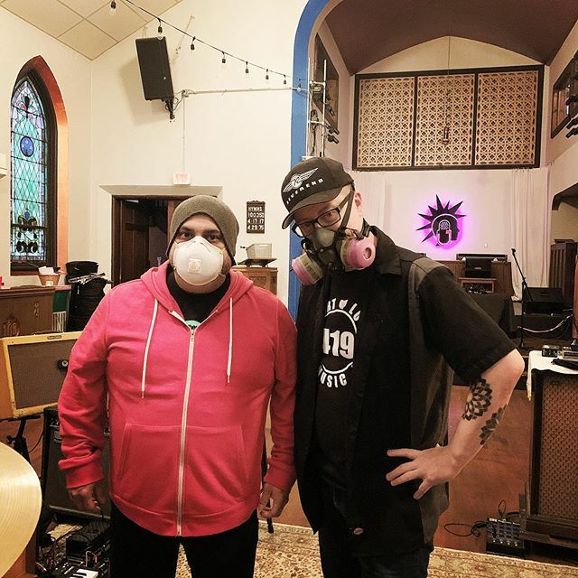 TheMohawkStudio's tweet photo. Our project #Quarantine here at #CastleHawk is starting to take shape, @eddiesundaytbs stopped by to chat while we line up next weekโs sessions - #HandSanitizer & #Respirators on hand next to the amps & Drums https://t.co/4q8o2TA4v1 https://t.co/6i2lpVPF3N